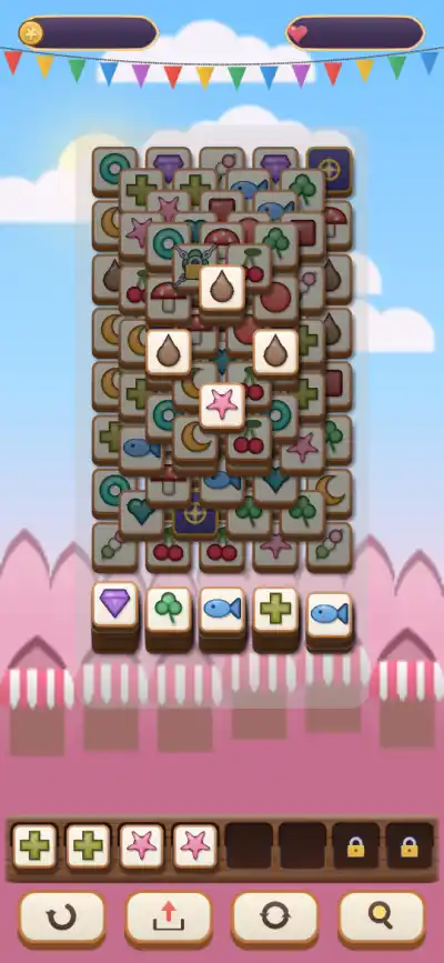 Yatai Match gameplay: a layered stack of food and charm tiles above the tile tray