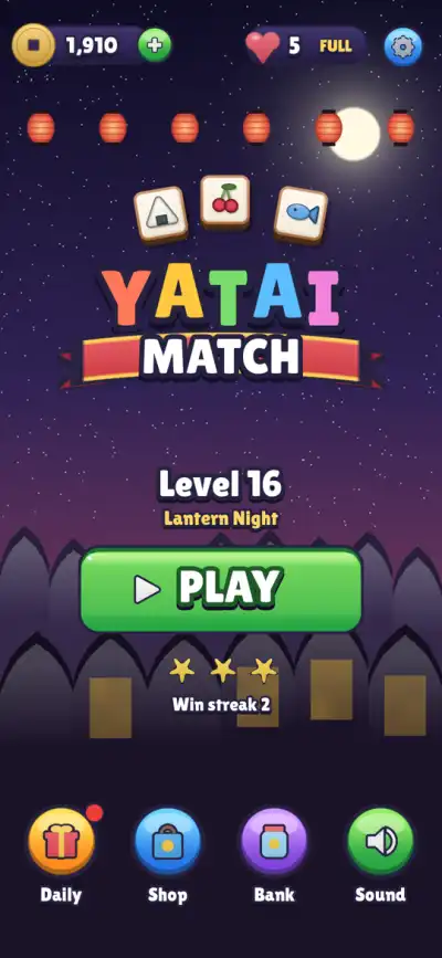 Yatai Match home screen: lantern-lit night market, level 16 Lantern Night and a green Play button